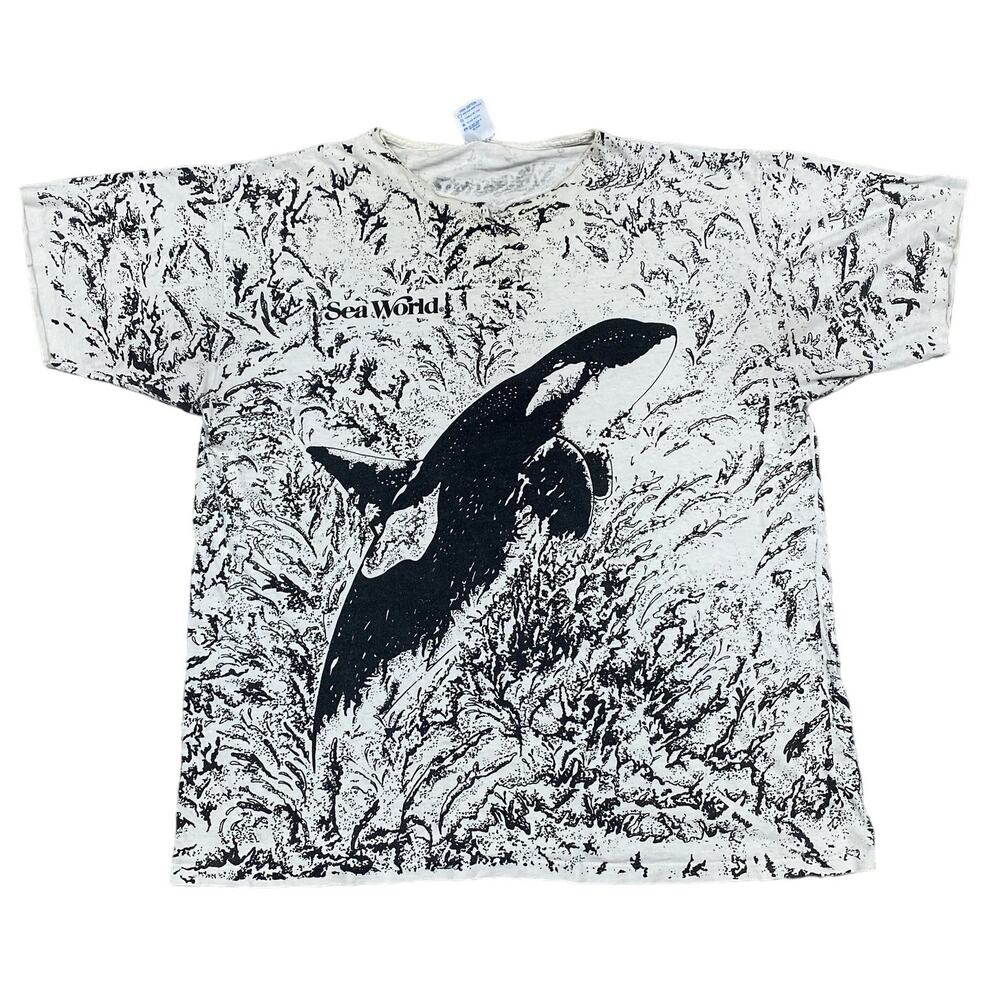 Vintage 80s 90s SeaWorld AOP Orca Waves T Shirt Men's XL
